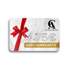 Geschenkkarte 75 Euro mit roter Schleife auf Marmorhintergrund